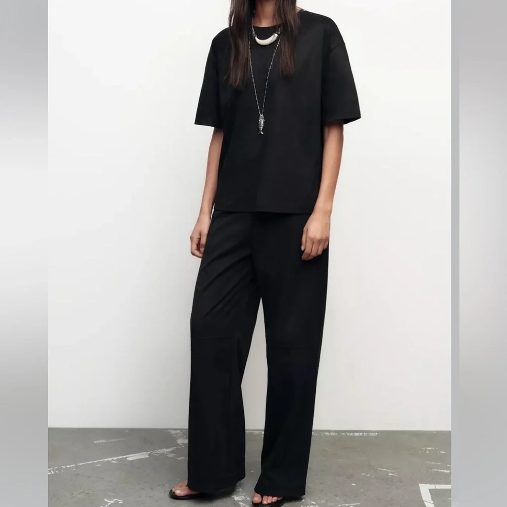 Zara NWT 2 piece matching SET black faux suede tee shirt & wide leg pants